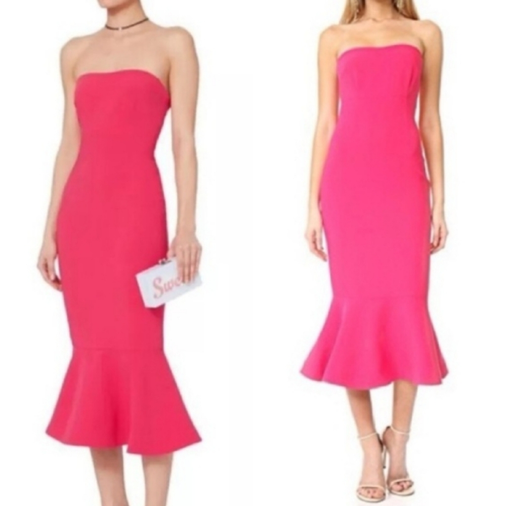 Cinq a Sept Luna Strapless Mermaid Midi Dress Hot Pink 0